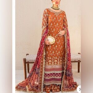 Embroidered Long Sleeve Orange Traditional Dress with Printed Shawl